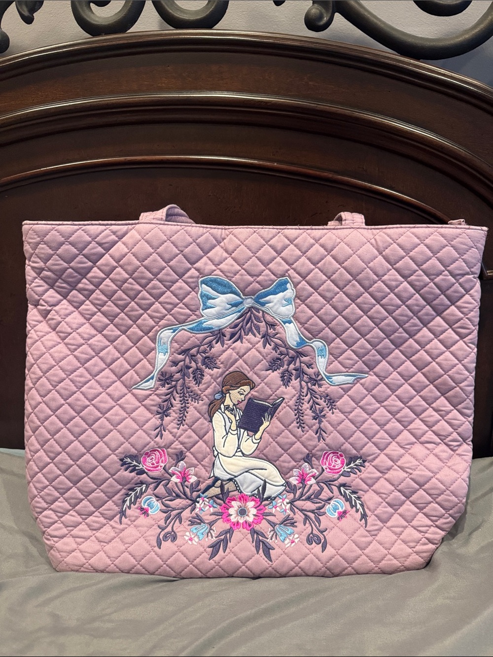 Vera Bradley Pink Quilted Floral Embroidered Tote with Blue Bow